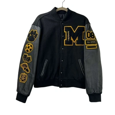VTG Rennoc Men's M Varsity Jacket Leather Sleeves Black Wool Blend East 08 Patch - Image 1 of 4