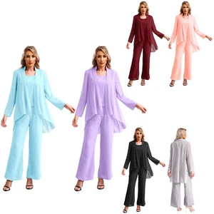 Women's Chiffon Lace 3 Pieces Sets Bride Pant Suits Wedding Party Evening AU - Picture 1 of 79