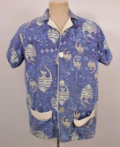 Men's VTG 50s Fish Print Cabana Terrycloth Lined Shirt Sz M 1950s Tiki Atomic - Picture 1 of 7