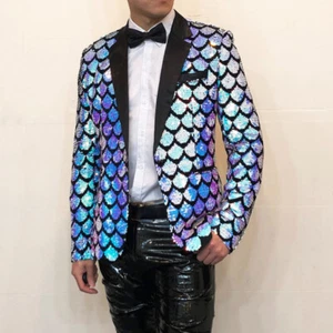 Mens Shiny Scale Sequin Dress Blazer Suit Jacket Lapel Showman Dancewear Fashion - Picture 1 of 15