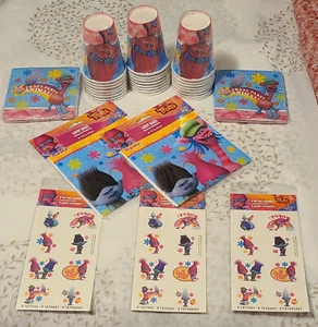 Lot Of Trolls Movie 3 pkg/9 oz Cups 2/16 pkg Napkins 2/8 pkg 3/8 pkg Tatoos New - Picture 1 of 9