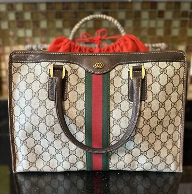 GUC Gucci Classic XL Handbag Zip Top Wide Racing Stripe Italy 1970s Satchel Logo - Image 1 of 4