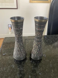 Zwei Doppel Messing Kerzenständer Vasen Indien Südasien Vintage Antik Cloisonné - Bild 1 von 6