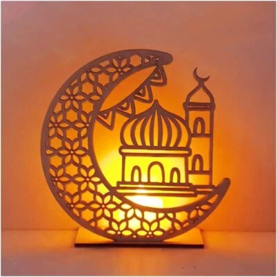 Poitemsic Islamic Art Wooden Building Moon Table Decoration Crafts w/ Tea Candle - Image 1 of 4