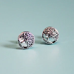 925 Sterling Silver Tree of Life Stud Earrings Novelty Olive Tree Button Studs - Picture 1 of 9