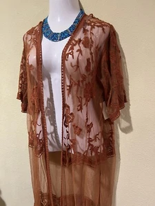 Pie In the Sky 1X Orange Kimono Sheer Embroidered Lace Cover Up Short Sleeve v1 - Picture 1 of 7