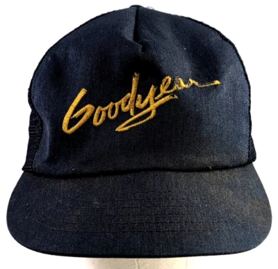 Must See 复古 20 世纪 80 年代脚本黄色固特异成人帽子卡车司机可调节,蓝色 — 第 1/4 张图片