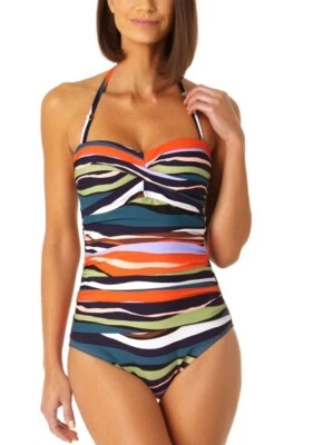 Traje de baño de una pieza fruncido frontal Anne Cole talla 14 verde naranja halter nuevo sin etiquetas Foto 1 de 4