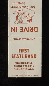 First State Bank That's My Bank Drive In Sulligent AL Lamar Co Matchbook de la década de 1970 - Imagen 1 de 2