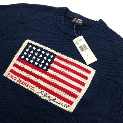 Polo Jeans Co Ralph Lauren 美国国旗针织毛衣男式大号棉海军蓝新品 — 第 1/4 张图片
