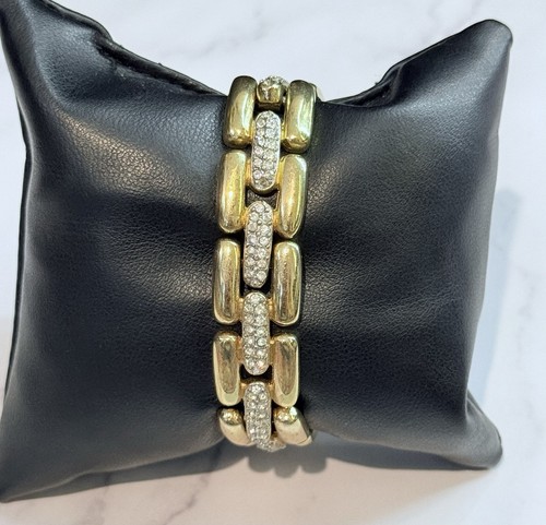 Bracciale Vintage Firmato Givenchy Tono Oro Con Cristallo Pavè Catena Link