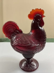 VTG Ruby Red Glass Amberina Rooster Pedestal Candy Nut Trinket Dish Granny Core - Picture 1 of 17