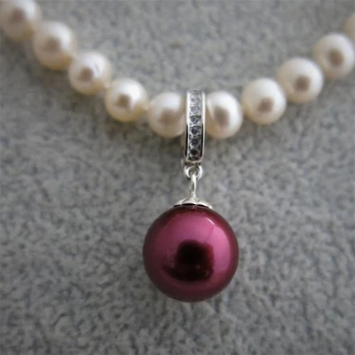 Vario Clip Anhänger Muschelkernperlen 12mm Rotwein / Fuchsia m. Zirkonia. Unisex - Bild 1 von 4