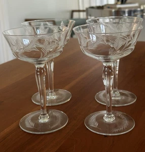 "4 vasos cupé altos de cristal grabados de colección vástagos de 6"" - diseño de hoja de palma de helecho mod medio" - Imagen 1 de 6