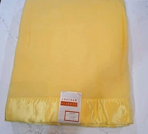 NOS New Chatham 100% Duraloom Acetate Blanket Yellow Vintage 72”X90” Satin Trim - Picture 1 of 7