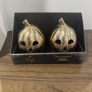 Spooky Night Gold Pumpkin Candle Holders - Picture 1 of 6