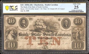 1858 $10 TEN DOLLAR BILL SOUTH CAROLINA BANK NOTE LARGE OLD PAPER MONEY PCGS 25 - Picture 1 of 2