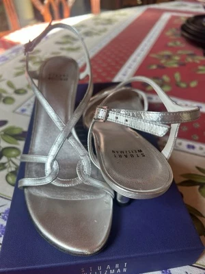 Snappy Stuart Weitzman Sandalia Zapatos Tacón Plateado Platino Talla 9N Foto 1 de 4
