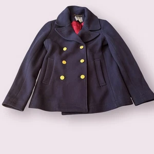 Abrigo de tela J.CREW Stadium para mujer 6 azul marino lana Nello Gori doble pecho - Imagen 1 de 8