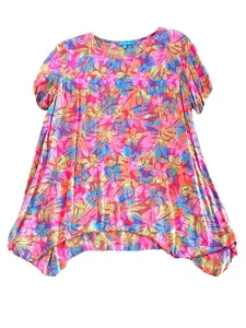 Top para mujer azul jengibre Tiki rosa tropical multicolor rayón talla grande - Imagen 1 de 9