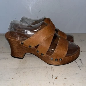 VTG Candies Brown Strappy Studded Wood Platform Chunky Heel Clog Sandal Sz 10 - Picture 1 of 11