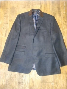 Van Heusen Studio Blazer Men 46L Blue Plaid Suede Elbow Patch & Collar SportCoat - Picture 1 of 6