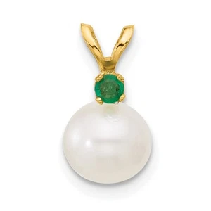 14k Yellow Gold 7-7.5mm Round Freshwater Cultured Pearl & Emerald Pendant - Picture 1 of 4