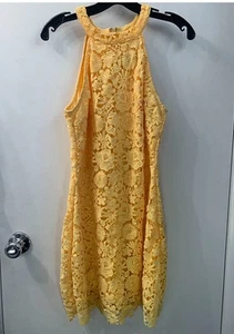 Lulus Love Poem Yellow Mini Dress Lace Eyelet Halter Neck Zip Lined Size Large - Picture 1 of 12