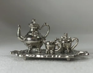 Vintage 1980's Dollhouse Silver Toned Tea Set Creamer Sugar Etched Tray Metal - Picture 1 of 7