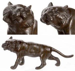 Unusual Small 5" Antique Japanese Meiji Period Bronze Tiger Okimono Statue Old - Picture 1 of 24