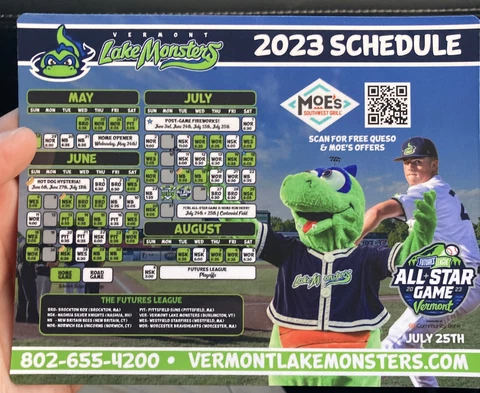 2023 SGA Vermont Lake Monsters Opening Day Magnetic Schedule Champ All Star Game Cover