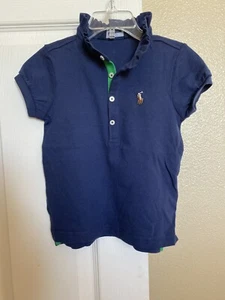 NWT Ralph Lauren Girls Navy/Green Ruffle Neck Polo Shirt Sz. 5 - Picture 1 of 4