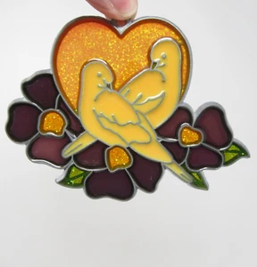 Doves & Heart Purple Flowers Suncatcher Faux Stained Glass Ornament Vtg 5" x 3.5 - Picture 1 of 3