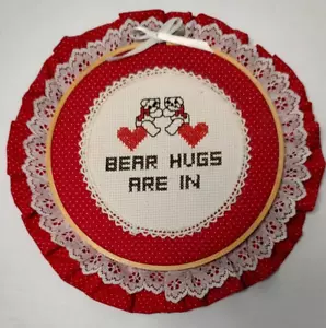 Bear Hugs Are In Finished Framed Country Bear Counted Cross Stitch 8.5" round - Picture 1 of 4