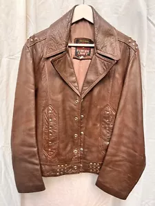 70s Brown Leather Jacket - Authentic Bohemian Rock Size M - Picture 1 of 5