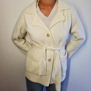Vintage 70s Rochelle Ivory Belted Cardigan M L - Picture 1 of 8