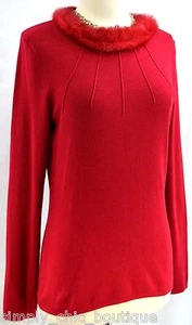 BCBG MaxAzria red thin knit ugly cute Christmas sweater faux fur collar SZ L NEW - Picture 1 of 7