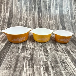 Vintage Pyrex 3er Set Golden Butterfly Cinderella Auflaufform 473B 474B 475B - Bild 1 von 4