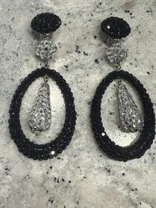Orecchini Vintage Richard Kerr Nero Strass Chiari 3,5” Clip On Vedi Desc - Foto 1 di 9