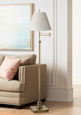 Swing Arm Floor Lamp Antique Brass Cream Linen Shade for Living Room Bedroom - Image 1 of 3