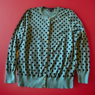Lands’ End Cardigan Women’s Sweater Cotton Polka Dot Green/Navy Size 14W - Image 1 of 4