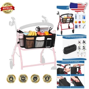 Large Rollator Basket: Black Walker Accessory, Multiple Pockets, Easy Attach - Picture 1 of 8