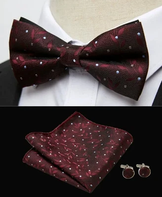 Vintage Men Cufflinks Handkerchiefs Bowtie Sets 3pcs Jacquard Floral Paisley - Image 1 of 2