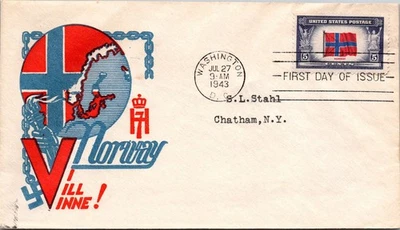 GOLDPATH: US COVER 1943 WA,DC.FDC.NORWAY,VICTORY,PATRIOTIC CV871_P28 - Image 1 of 2