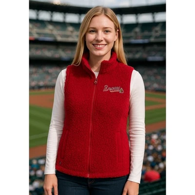 全新带标签 Antigua 女式红色亚特兰大勇士体验全拉链夏尔巴背心羊毛 M  — 第 1/4 张图片