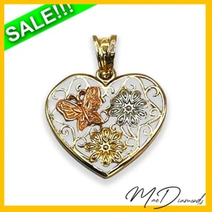 Butterfly and Flowers Heart Shaped Pendant in 14k Multi-tone Gold - Picture 1 of 4