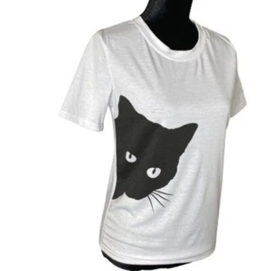 White Short-Sleeve T-Shirt With Black Cat Graphic Print For Women Crew Neck M - Picture 1 of 6