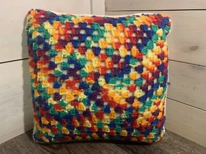 Square Pillow Hand Crochet Throw Toss Hippie Rainbow Groovy Love Pride 14” - Picture 1 of 2