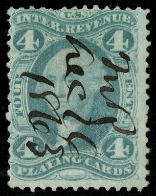[st7233] USA 1863 Scott#R21c used 4c slate Revenue Stamps Playing cards Cat:$750 - Image 1 of 2