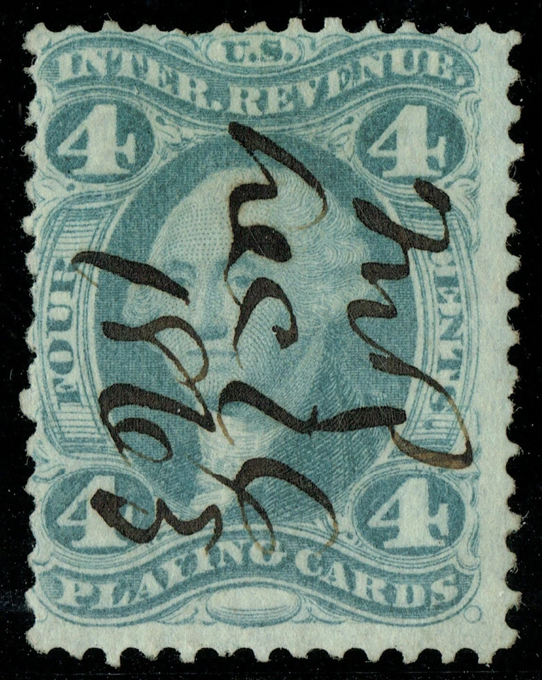[st7233] USA 1863 Scott#R21c used 4c slate Revenue Stamps Playing cards Cat:$750 - Image 1 of 2